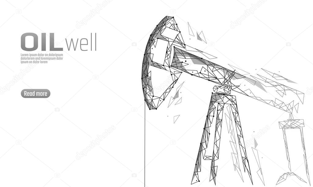 Oil well rig juck low poly business concept. Finance economy polygonal petrol production. Petroleum fuel industry pumpjack derricks drilling point line connection dots white vector illustration
