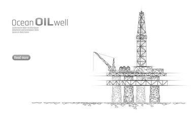 Okyanus petrol gaz sondaj teçhizat düşük poli iş kavramı. Finans Ekonomi poligonal benzin üretim. Petrol yakıt sanayi offshore ayıklama derricks bağlantı noktaları beyaz vektör çizim çizgi