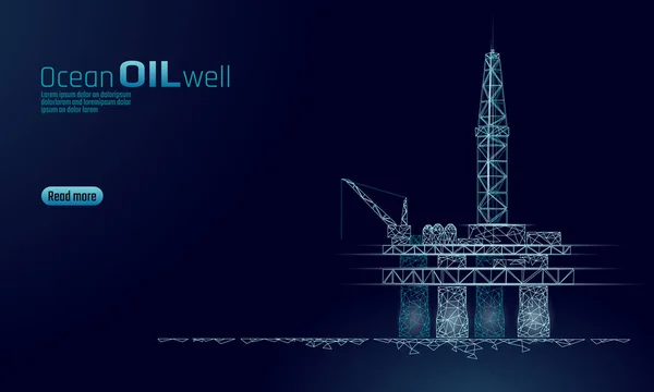 Óceán olaj földgáz fúrása kocsi alacsony poly üzleti koncepció. Pénzügyi gazdaság sokszögű benzin előállítás. Ásványolaj üzemanyag ipar kitermelése tengeri olajfúró tornyok vonal a csatlakozási pontok kék vektoros illusztráció — Stock Vector