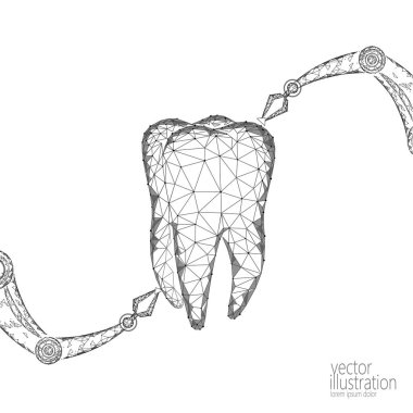 3D diş yenilik robot kol Çokgen kavramı. Stomatology sembolü düşük poli üçgen soyut ağız diş tıbbi bakım iş. Bağlı nokta parçacık modern beyaz vektör çizim render