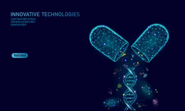İlaç kapsül ilaç iş kavramı açıldı. DNA gen terapisi mavi ilaç prebiyotik probiyotik topu sağlık tedavi hastalık. Antibiyotik vitamini tıbbi beslenme düşük poli vektör çizim