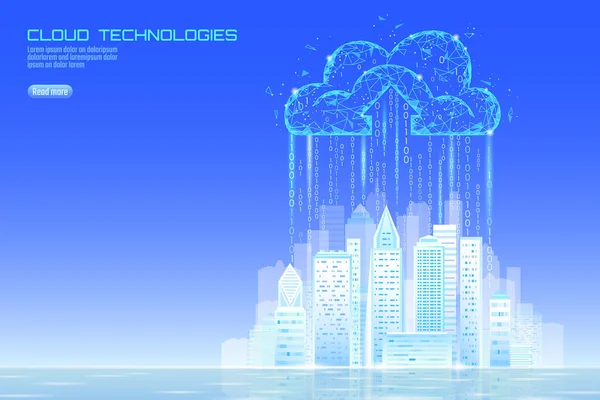 Έξυπνη πόλη 3D φως σύννεφο υπολογισμό αστικό τοπίο. Έξυπνο κτίριο μεγάλη ανταλλαγή δεδομένων αποθήκευση online φουτουριστικό επιχειρηματική έννοια μελλοντική τεχνολογία. Εικόνα διανύσματος αστικού banner — Διανυσματικό Αρχείο