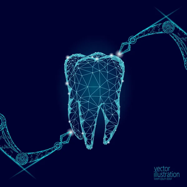 3D-Zahn Innovation Roboterarm polygonales Konzept. Stomatologie Symbol Low-Poly-Dreieck abstrakte orale zahnmedizinische Versorgung Geschäft. connected dot particle modern rendern blauer Vektor Illustration — Stockvektor