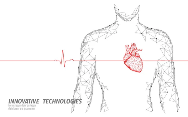 Мужчина силуэт здорового сердца бьет 3D модель медицины низкий поли. Треугольные точки соединены светящимися точками онлайн доктор. Внутренний импульс Современные инновационные технологии — стоковый вектор