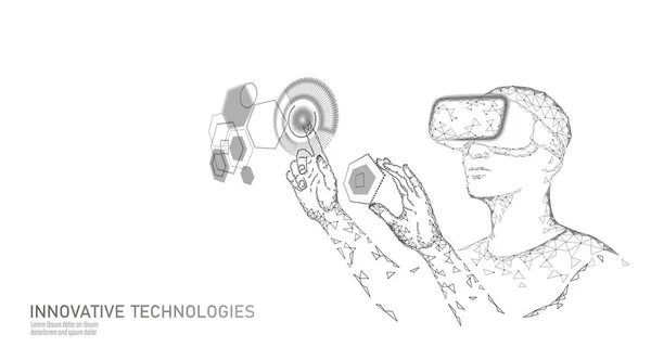 Virtual capacete realidade aumentada baixo poli. Inovação media entertainment polygonal concept. HUD usuário exibir painel de ciência de controle digital. Homem trabalho computador análise de dados vetor ilustração —  Vetores de Stock