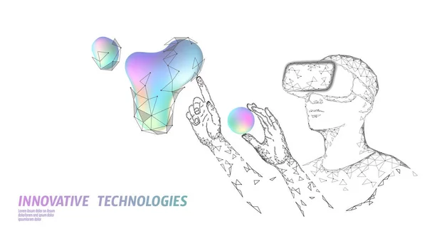 Virtual Augmented Reality Helm Low Poly. Innovation Media Entertainment polygonales Konzept. Neon Liquid Gradient Digital Control Science Panel. Mann Arbeit Computer Daten Analyse Vektor Illustration — Stockvektor