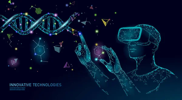 Ciencia biología gen modificar el concepto. VR gafas de realidad virtual de proyección holográfica de auriculares. Medicina futurista investigación terapia génica análisis de salud laboratorio química vector ilustración — Archivo Imágenes Vectoriales