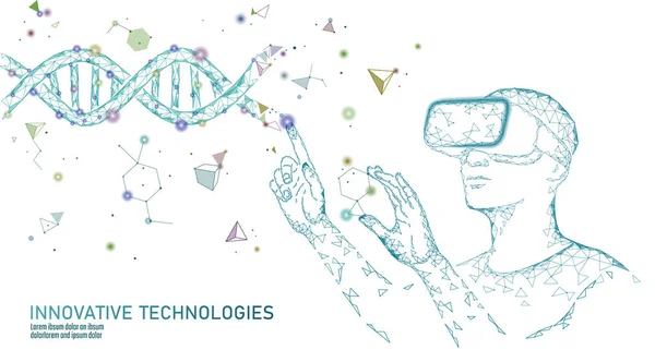 Tudomány biológia gén módosítása koncepció. VR fejhallgató holografikus virtuális valóság szemüveg. Futurisztikus Orvostudományi kutatás gén terápia egészségügyi elemzés laboratóriumi kémiai vektor illusztráció — Stock Vector