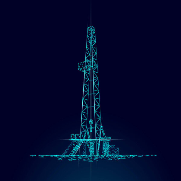 Onshore Oil Gas Drilling Rig. Raw material economy finance business concept. Petroleum industrial well machine ecology. Low poly glowing night silhouette 3D render polygonal vector illustration