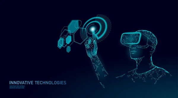 Virtuální letecká helma nízké poly. Inovace médií zábavy polygonální koncept. HUD uživatelský displej digitální věda panel. Muž práce počítač data analýzy vektorové ilustrace — Stockový vektor