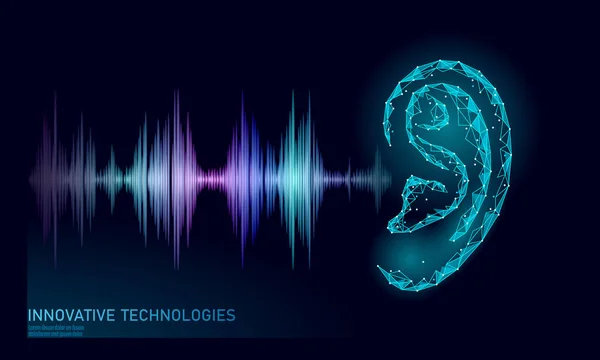 Ses tanıma ses asistanı düşük poli. Tel kafes kafes poligonal 3d render kulak ses radyo dalgası yenilikçi teknoloji dalga. Ses ekolayzır dijital bilgisayar kavramı vektör çizim — Stok Vektör