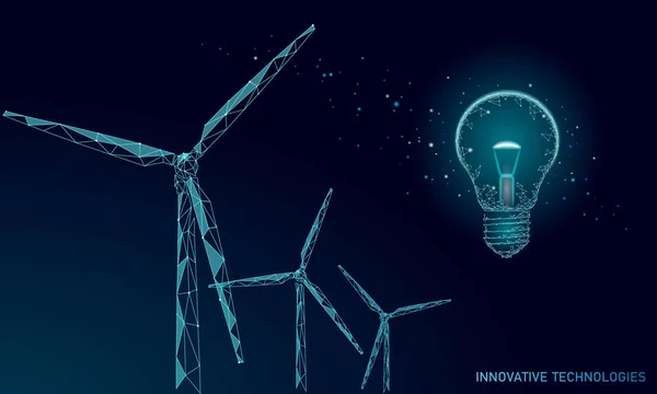 Gloeilamp windmolens idee bedrijfsconcept. Ecologie Milieu wind groene energie duurzame energie besparen. Eco global planeet oplossing. Blauwe lage poly veelhoekige 3d driehoek vector illustratie kunst — Stockvector