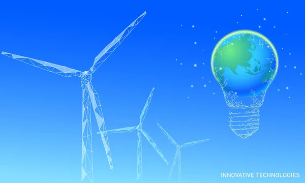 Gloeilamp windmolens idee bedrijfsconcept. Ecologie Milieu wind groene energie duurzame energie besparen. Eco global planeet oplossing. Blauw groene laag poly veelhoekige 3d driehoek vector illustratie kunst — Stockvector