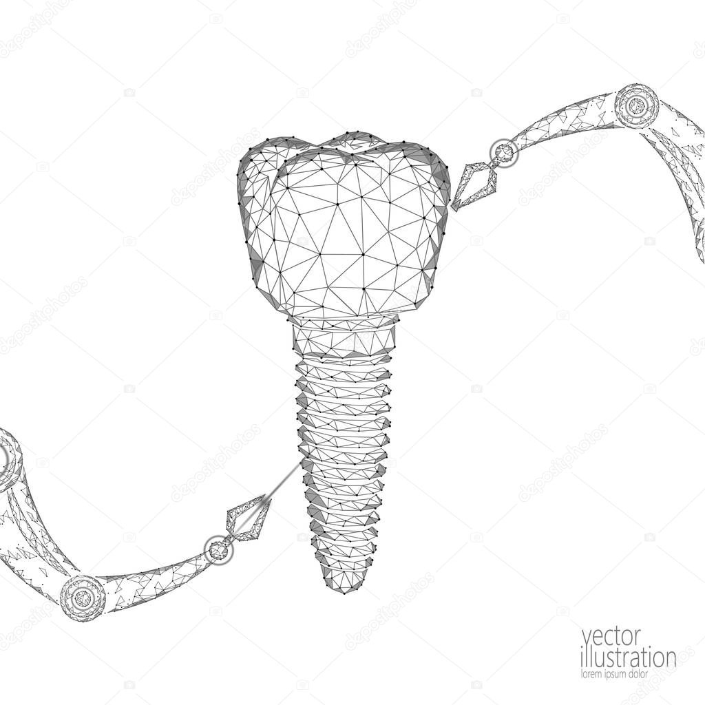 3d tooth innovation robot arm polygonal concept. Stomatology symbol low poly triangle abstract oral dental medical care business. Connected dot particle implant render blue vector illustration art
