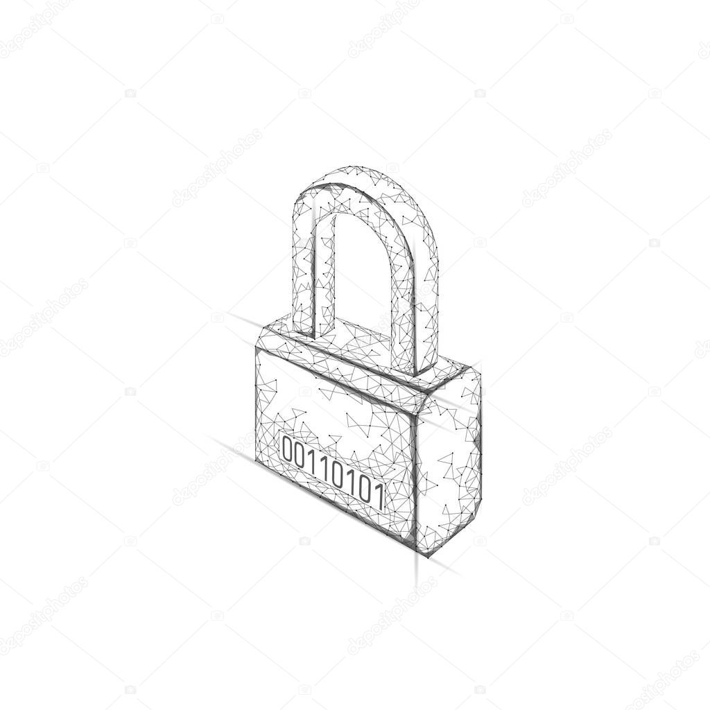 Cyber safety padlock on data mass. Internet security lock information privacy low poly polygonal future innovation technology network concept vector illustration art