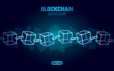 Blockchain küp zinciri sembolü kare kod büyük veri akışı bilgilerini. Mavi neon parlayan modern eğilim. Cryptocurrency finans bitcoin iş kavramı vektör çizim arka plan şablonu