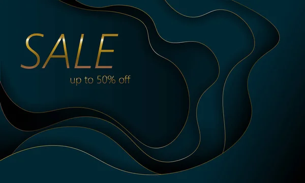 Mörkblå gyllene rundade bakgrund mall. Guld gul glänsande försäljning marknadsföring web banner koncept. 3D papper dekoration lager material glödande textur våg kurva skugga vektorillustration — Stock vektor