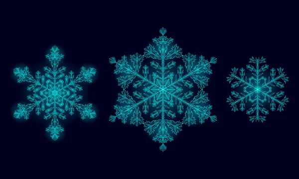 Πολυγωνικό χαμηλή poly εορταστική νιφάδα χιονιού. Απομονωμένη 3d λεπτομερή απόδοση γεωμετρικά τρίγωνο ευχετήρια κάρτα. Πάγο χιόνι κρύσταλλο σκούρο μπλε λάμψη εικονογράφηση διάνυσμα πρότυπο Χριστούγεννα Πρωτοχρονιά — Διανυσματικό Αρχείο