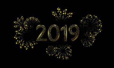 Düşük poli 3d havai fişek tatil tebrik kartı. Neşeli Noel mutlu yeni yıl altın karanlık gece gökyüzü siyah. Altın 2019 geometrik poligonal üçgen numara vektör çizim