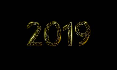 Düşük poli 3d 2019 tarihi sayı tatil tebrik kartı. Neşeli Noel mutlu yeni yıl altın karanlık gece gökyüzü siyah. Altın geometrik poligonal üçgen numara vektör çizim