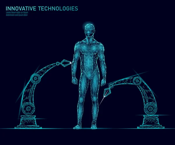 Ajuste a anatomia do corpo humano. Engenharia de DNA ciência inovação super-homem tecnologia. Genoma saúde pesquisa clonagem medicina baixo poli 3D render poligonal realidade virtual vetor ilustração —  Vetores de Stock