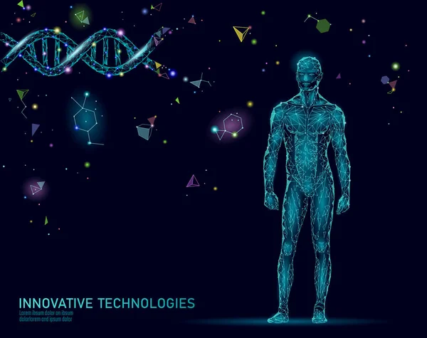 인체 해부학을 추상화 합니다. 엔지니어링 과학 혁신 슈퍼맨 기술 하는 Dna 게놈 건강 연구 의학 낮은 폴 리 3d 렌더링 다각형 형상 가상 현실 벡터 일러스트 레이 션을 복제 — 스톡 벡터