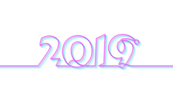 2019 Capodanno singola linea continua art. Vacanze biglietto di auguri titolo decorazione data numeri lettering silhouette concept design uno schizzo abbozzo disegno bianco vettore illustrazione — Vettoriale Stock