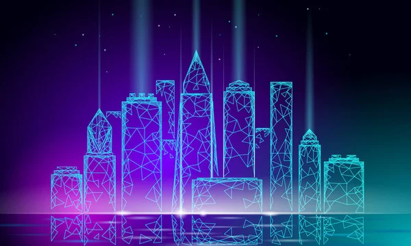 Neon brilho inteligente cidade 3D malha de arame poligonal. Conceito de negócio de sistema de automação de edifícios inteligente. Luz de textura de reflexão de água. Arquitetura urbana cityscape tecnologia banner vetor ilustração —  Vetores de Stock