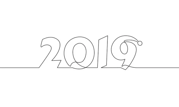 2019 年は単一連続線アートです。ホリデー グリーティング カード見出し装飾日付数字シルエット概念をレタリング デザイン白いベクトル図を描く 1 つのスケッチの輪郭 — ストックベクタ