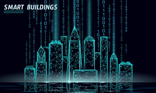 낮은 폴 리 스마트 시티 3d 와이어 메쉬입니다. 지능형 빌딩 자동화 시스템 사업 개념입니다. 이진 코드 숫자 데이터 흐름입니다. 건축 도시 경관 기술 스케치 배너 벡터 일러스트 레이 션 — 스톡 벡터