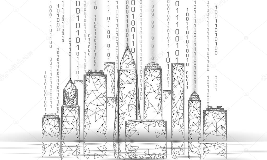 Low poly smart city 3D wire mesh. Intelligent building automation system business concept. Binary code number data flow. Architecture urban cityscape technology sketch banner vector illustration