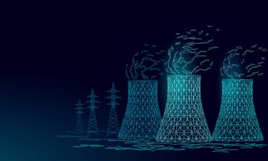 Nükleer enerji istasyonu soğutma kulesi düşük poli. 3D render ekoloji kirliliği gezegen çevre kavramı üçgen poligon kaydedin. Radyoaktif Nükleer reaktör elektrik vektör çizim