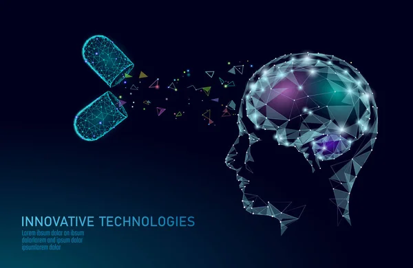 Tratamiento cerebral renderizado 3D poli bajo. Droga nootrópica capacidad humana estimulante inteligente salud mental. Medicina rehabilitación cognitiva en la enfermedad de Alzheimer y demencia paciente vector ilustración — Vector de stock