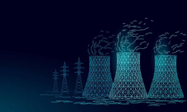 Central nuclear torre de enfriamiento baja poli. 3d hacer ecología contaminación salvar planeta medio ambiente concepto triángulo poligonal. Ilustración del vector de electricidad del reactor nuclear radiactivo — Archivo Imágenes Vectoriales