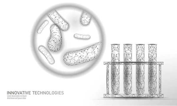 Bacterias del tubo de ensayo 3D baja poli renderizar probióticos. Microorganismo de análisis de laboratorio. Flora saludable del cuerpo humano. Moderna ciencia tecnología medicina alergia inmunidad tearment vector ilustración — Vector de stock