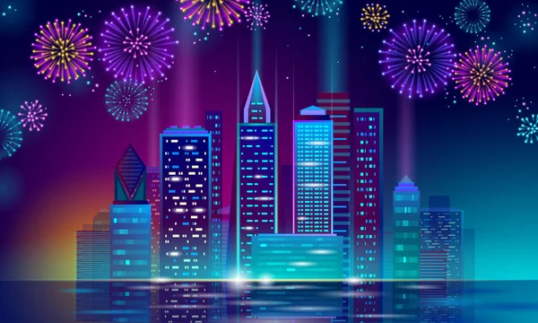 Neon bright skyscraper holiday Christmas cityscape. New Year 3D polygonal point line dark blue night sky eve greeting card template. Glowing light party city silhouette vector illustration — Stock Vector