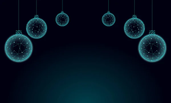 Alacsony poly 3d Christmas tree labdák üdvözlőlap-ünnep. Boldog új évet kék sötét éjszaka ég fekete. Geometriai felső határ játék dekoráció csecsebecse gömb sokszögű háromszög szám vektoros illusztráció — Stock Vector