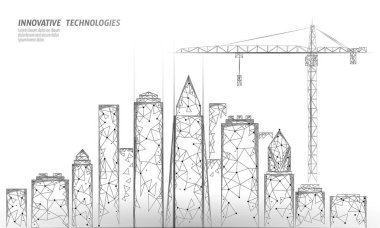 Düşük poli İnşaat Vinç altında bina. Endüstriyel modern iş teknoloji. Soyut poligonal geometrik 3d cityscape kentsel silueti. Yüksek kule gökdelen beyaz gri vektör çizim