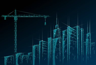 Düşük poli İnşaat Vinç altında bina. Endüstriyel modern iş teknoloji. Soyut poligonal geometrik 3d cityscape kentsel silueti. Yüksek kule gökdelen gece mavi gökyüzü vektör çizim