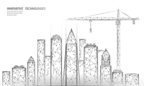 Χαμηλή poly κτίριο υπό κατασκευή γερανό. Σύγχρονη βιομηχανική επιχείρηση τεχνολογίας. Αφηρημένη πολυγωνικό γεωμετρικά 3d τοπίο αστικών σιλουέτα. Υψηλό πύργο ουρανοξύστης λευκό γκρι διανυσματικά εικονογράφηση — Διανυσματικό Αρχείο