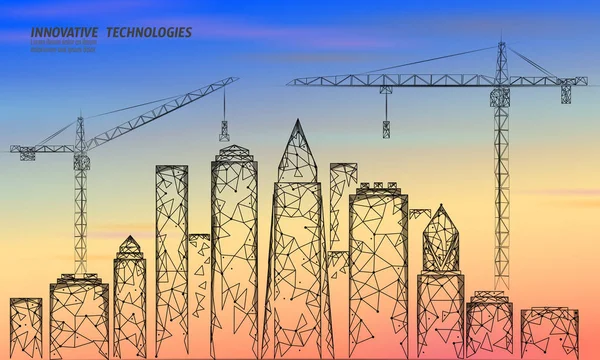 낮은 폴 리 건설 크레인 일출에서 건물. 산업 비즈니스 기술입니다. 다채로운 일몰 스카이 3d 도시 도시 실루엣. 높은 타워 마천루 벡터 일러스트 레이 션 — 스톡 벡터