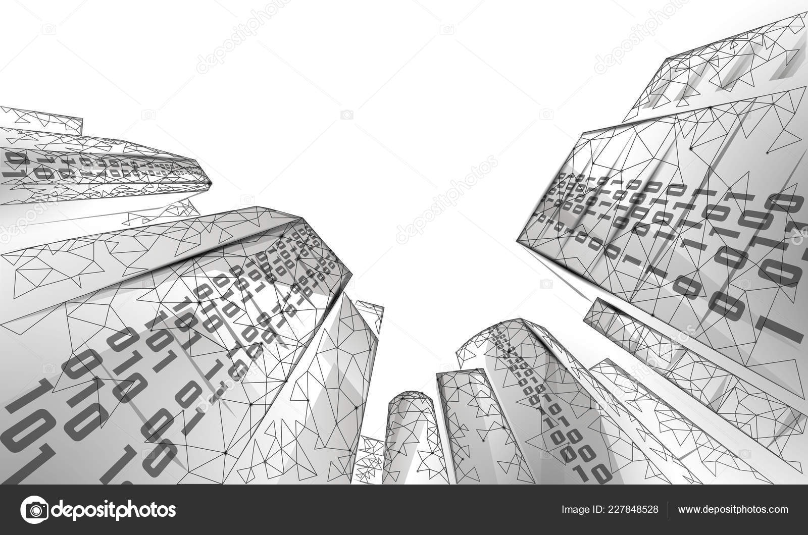 Low poly smart city 3D wire mesh. Intelligent building automation