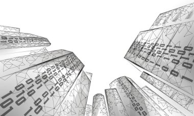 Düşük poli akıllı şehir 3d tel örgü. Akıllı bina otomasyon sistemi iş kavramı. İkilik sayı veri akışı. Mimarlık Kentsel cityscape teknoloji kroki afiş vektör çizim