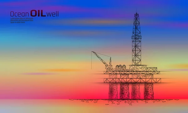 Ocean olja och gas borrning rigg låg poly affärsidé. Finansiera ekonomin bensin produktion. Petroleum bränsle industrin offshore färgglada solnedgång sky utvinning derricks linje prickar Blå vektorillustration — Stock vektor