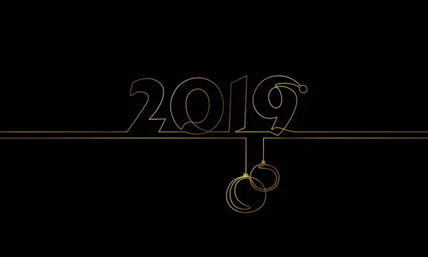 2019 Capodanno singola linea continua art. Golden black holiday biglietto di auguri titolo decorazione data numeri lettering silhouette concept design uno schizzo contorno incandescente oro vettore illustrazione — Vettoriale Stock