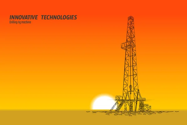 Onshore Oil Gás Drilling Rig. Economia de matérias-primas financiar conceito de negócios. Petróleo bem industrial máquina ecologia. Baixo poli brilhante silhueta noturna 3D renderizar ilustração vetor poligonal —  Vetores de Stock