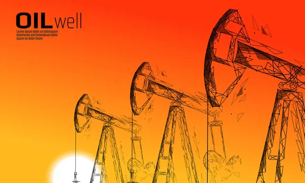 Oil well rig juck low poly business concept. Finance economy sunset sky petrol production. Petroleum fuel industry pumpjack derricks pumping drilling point line dots blue vector illustration