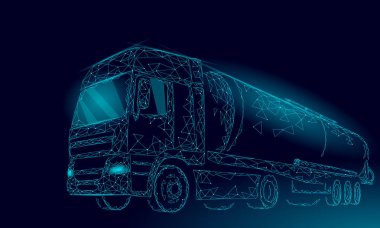 Yağ kamyoneti otoban Sarnıcı 3d render düşük poli. Yakıt petrol finans sanayi Dizel tankı. Silindir araç büyük kargo benzin lojistik ekonomik iş Çokgen çizgi vektör çizim