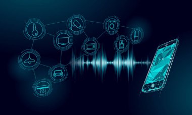 Ses asistanı akıllı ev kontrol. Şeyler simgesi yenilik teknoloji kavramı Internet. Kablosuz ağ soundwave smartphone çok ICT. Yapay zeka Otomasyon AI vektör çizim