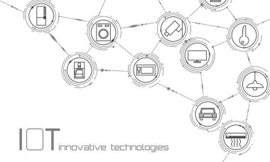 Şeyler simgesi yenilik teknoloji kavramı Internet. Akıllı şehir kablosuz iletişim ağı çok ICT. Akıllı sistem Otomasyon Sanayi 4.0 modern Ai bilgisayar online vektör çizim Anasayfa